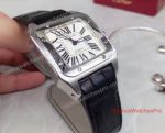Cartier Santos 100 Replica SS White Dial Roman Black Leather Band 36mm Watch